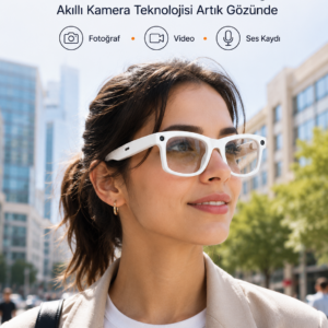 Beyaz Akıllı Kamera Gözlüğü Fotoğraf Video Çekimli Bluetooth Aramalı AI Destekli 3 Değiştirilebilir Lensli