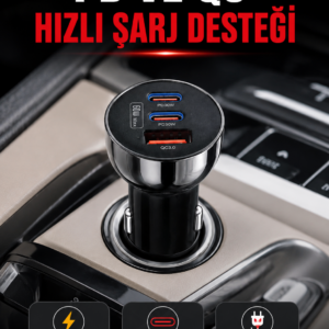 3 Portlu Araç İçi Şarj Adaptörü Çift PD Type-C ve QC3.0 USB Çıkışlı