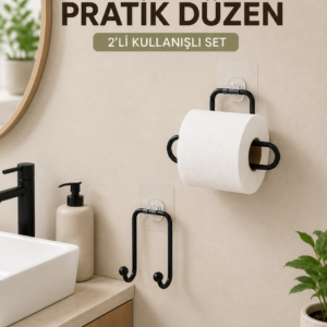 Vidasız Banyo Seti Yapışkanlı Tuvalet Kağıdı Tutucu ve Havlu Askısı 2’li Set