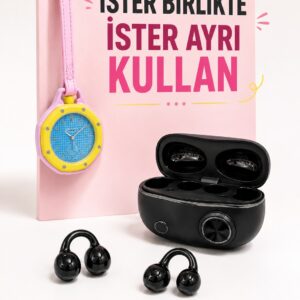 Kablosuz Kulaklık ve Pembe Askılı Çanta Charm Analog Saat Kampanya Seti