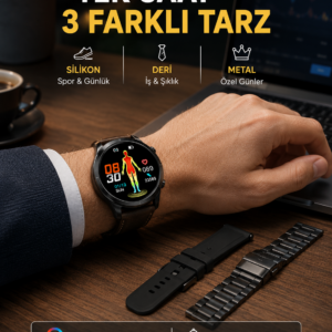 AMOLED Ekranlı Akıllı Saat – 3 Kordon Seçenekli, Suya Dayanıklı, Kalp Atış ve Uyku Takip Özellikli