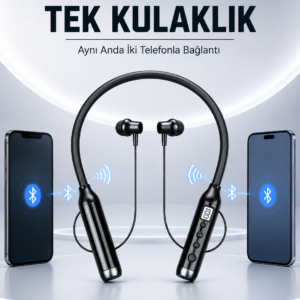 Boyun Bantlı Bluetooth Kulaklık Dijital Ekranlı Mikrofonlu Çift Telefon Bağlantılı Kablosuz Müzik ve Görüşme Kulaklığı