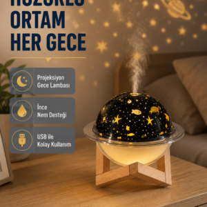 Aromaterapili USB Hava Nemlendirici – Projeksiyon Işıklı, Sessiz ve Şık Tasarım
