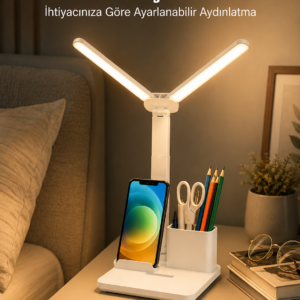 Kısılabilir LED Masa Lambası – Kalemlik, Telefon Standı ve Okuma Işığı Bir Arada Yeni Nesil