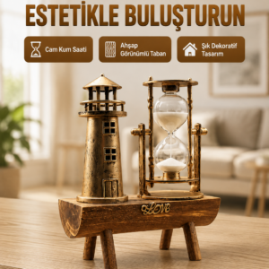Deniz Feneri Tasarımlı Ahşap Kum Saati – Retro Masa Aksesuarı Yeni Nesil