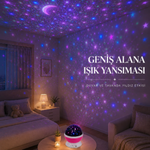 Yıldızlı Gökyüzü Projektörü Pembe Renkli Döner Çocuk Odası Gece Lambası