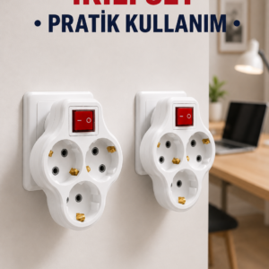 Kablosuz 3’lü Priz Çoklayıcı Açma Kapama Anahtarlı Duvar Tipi 2 Adet Set
