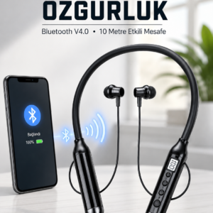 Kablosuz Bluetooth Boyun Kulaklığı 10 Metre Menzilli Mikrofonlu Ses Kontrollü Uzun Kullanım Süreli Kulak İçi Kulaklık