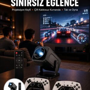 Çift Kollu Game Box Projeksiyon Cihazı Kumandalı Android Tv Dahili Hoparlör
