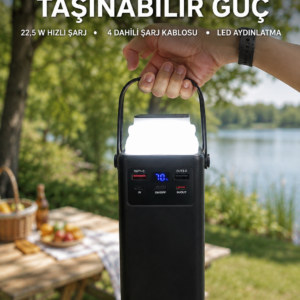 LED Aydınlatmalı Powerbank 50.000 mAh 22,5 W Hızlı Şarj 4 Dahili Kablolu Dijital Pil Göstergeli Batarya