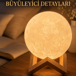 3D Ay Gece Lambası Ahşap Standlı Dekoratif LED Masa Lambası