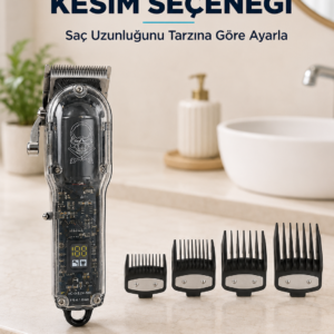Saç Kesme ve Tıraş Makinesi 4 Kılavuz Taraklı Ayarlanabilir Bıçaklı LCD Ekranlı Şarj Edilebilir Profesyonel Tasarım
