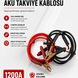 1200 Amper Akü Takviye Kablosu 2 Metre Bakır Uçlu