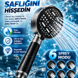 6 Sprey Modlu Filtreli Duş Başlığı Büyük Su Paneli Silikon Nozullu Modern Tasarım
