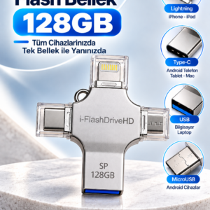 128GB 4in1 Flash Bellek USB-A Type-C Lightning MicroUSB Telefon Tablet Bilgisayar Uyumlu