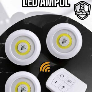 Spot Lamba Led Işık 3'lü Uzaktan Kumandalı Pilli Yapışkanlı Kablosuz