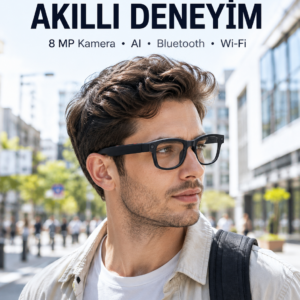 Siyah 8 MP Kameralı Akıllı Gözlük Bluetooth Wi-Fi Bağlantılı Fotoğraf Video Ses Kayıtlı AI Destekli 3 Lensli