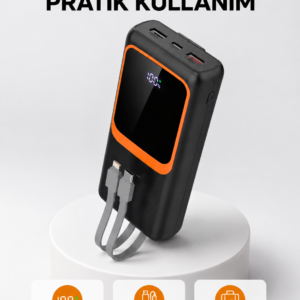 Powerbank 20000 mAh Dijital Ekranlı ve Çok Kablolu Hızlı Şarj Cihazı