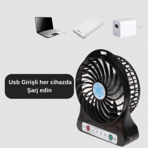Şarjlı USB Fan – Masaüstü Mini Vantilatör, Taşınabilir, Işıklı, 3 Kademeli, Sessiz