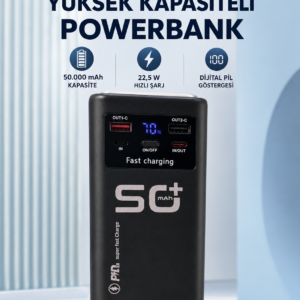50.000 mAh Taşınabilir Powerbank 22,5 W Hızlı Şarj 4 Dahili Şarj Kablosu Dijital Ekran LED Aydınlatma ve Taşıma Sapı