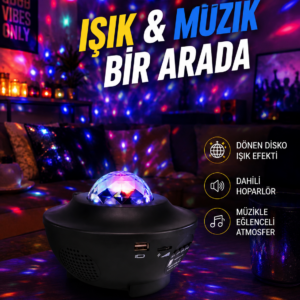 Sesle Etkileşimli Yıldız Projektörlü Gece Lambası – Bluetooth Hoparlörlü, USB Girişli, Dönen Okyanus