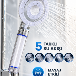 Masaj Etkili Filtreli Duş Başlığı 5 Fonksiyonlu Yağmur Sis Geniş Karışık Su Akışı