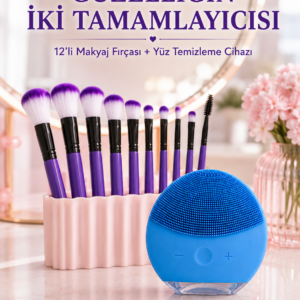 12’li Mor Makyaj Fırça Seti ve Silikon Yüz Temizleme Cihazı İkili Makyaj ve Cilt Bakım Seti