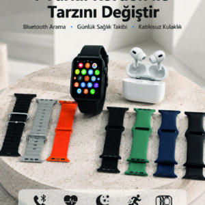 Bluetooth Görüşme Destekli Akıllı Saat Seti Kablosuz Kulaklık, 7 Kordon ve Çoklu Spor Modu