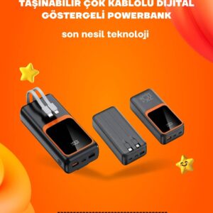 Powerbank 20000 mAh | 22.5W Hızlı Şarj, Dahili Kablolu, LCD Ekranlı Şarj Cihazı