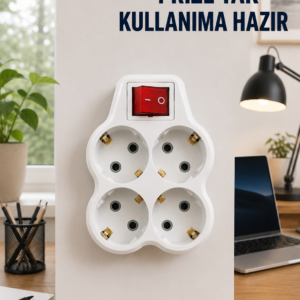 Anahtarlı 4’lü Priz Adaptörü Direkt Prize Takılan Kompakt Priz Çoklayıcı