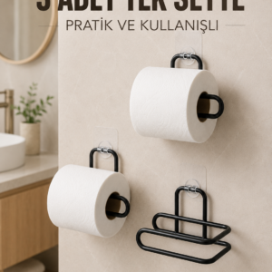 3 Adet Siyah Rulo Kağıt Tutucu Yapışkanlı Duvar Tipi Pratik Kağıtlık Seti