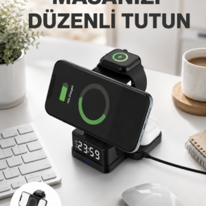 Kablosuz Şarjlı Dijital Masa Saati – 3 Parlaklık Seviyeli LED, Hızlı Şarj Yeni Nesil