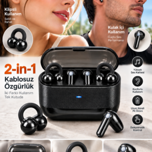 4 Kulaklıklı 2’si 1 Arada Kablosuz Bluetooth Kulaklık Klipsli Kulak İçi Siyah