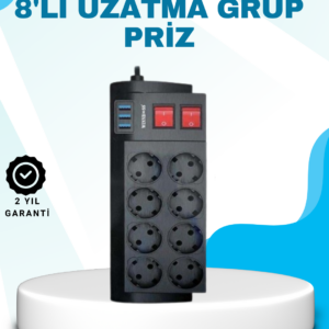 Isıya Dayanıklı Termal Akım Korumalı 8'li Priz ve 3 USB Girişli Uzatma Kablosu
