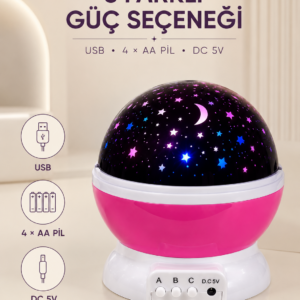 Pembe Yıldızlı Gece Lambası Döner Gökyüzü Projeksiyon Işığı