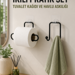 Duvara Yapışkanlı 2’li Düzenleme Seti Havlu Askısı ve Tuvalet Kağıdı Tutucu