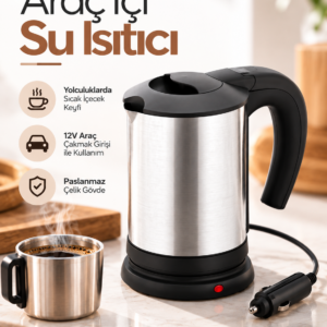 12V Araç Çakmak Girişli Paslanmaz Çelik Araç İçi Su Isıtıcı Seyahat Tipi Kettle
