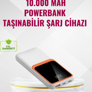 Powerbank 10000 mAh – Çift USB Çıkışlı, Type-C Girişli, Şık Beyaz Tasarım