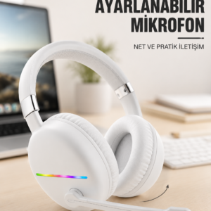RGB Işıklı Mikrofonlu Bluetooth Kulaklık Beyaz Over-Ear Tasarım Type-C Şarjlı