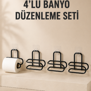 4 Adet Yapışkanlı Tuvalet Kağıdı Askısı Siyah Metal Delmeden Duvara Monte WC Kağıtlık