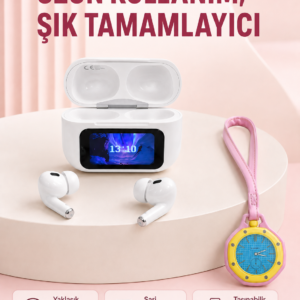 Ekranlı Kablosuz Kulaklık ve Pembe Çanta Charm Saat Kampanya Seti