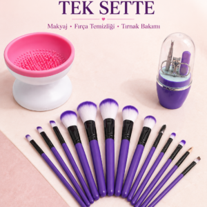 12’li Makyaj Fırça Seti Fırça Temizleme Cihazı ve Manikür Pedikür Seti 3’lü Kadın Güzellik Bakım Paketi