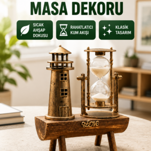 Ahşap Gövdeli Deniz Feneri Formlu Kum Saati – 15x20 cm Masa Dekoru Yeni Nesil