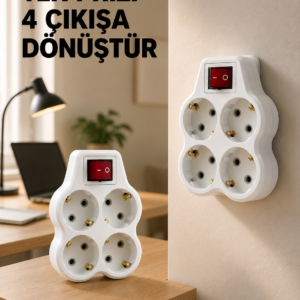 Anahtarlı 4’lü Priz Adaptörü Direkt Duvar Prizine Takılan Priz Çoklayıcı 2’li Set