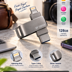 Lightning Type C Destekli 128GB Taşınabilir USB Flash Bellek Fotoğraf Video ve Dosya Aktarımı