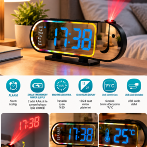 LED Dijital Masa Saati Şık Tasarım Alarm Özelliği Parlaklık Ayarı Sıcaklık ve 12 24 Saat Gösterimi