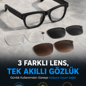 Siyah Akıllı Kamera Gözlüğü Fotoğraf Video Çekimli Bluetooth Aramalı AI Destekli 3 Değiştirilebilir Lensli