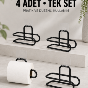 Duvara Yapışkanlı WC Kağıtlık Siyah Metal 4 Adet Tuvalet Kağıdı Rulo Askısı