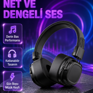 Kablosuz Kulak Üstü Bluetooth Kulaklık Güçlü Bas ve Katlanabilir Tasarım