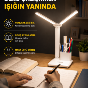 Kalemlik ve Telefon Standlı Masa Lambası – Kısılabilir LED Işık, Göz Dostu Tasarım Yeni Nesil